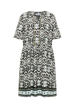 Lyhyt mekko, jossa lyhyet hihat, mustavalkoinen geometrinen kuvio, siniset yksityiskohdat, nyöritys hapsuilla pääntiellä ja kuvioitu helma.