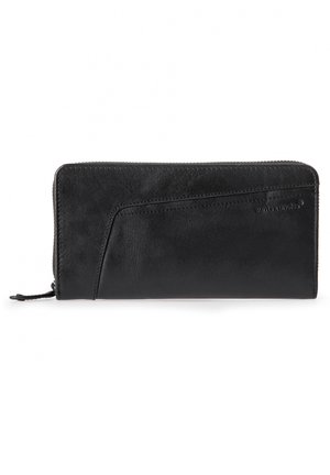 Black leather wallet with a smooth texture, zip closure, and angled design detail on the front, featuring the brand name embossed.
