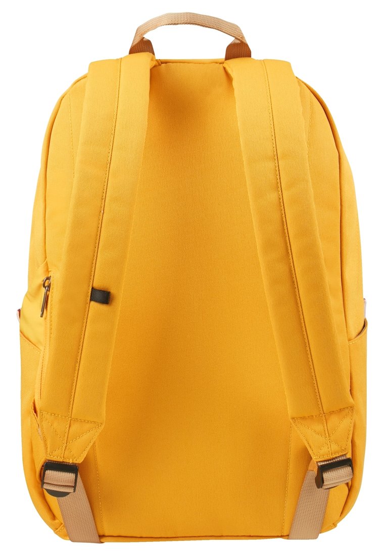 Sac à dos jaune avec des bretelles rembourrées, une poignée de transport sur le dessus et une poche zippée sur le côté. Fabriqué en tissu durable avec une texture lisse.