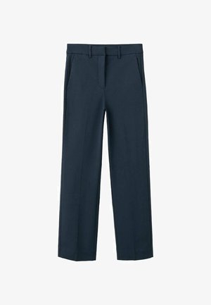 Granatowe spodnie o prostych nogawkach z szlufkami na pasek, bocznymi kieszeniami i ukrytym przednim zamkiem błyskawicznym.