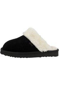 Black suede slipper with a white faux fur lining, round toe, and a textured black sole. Features a stitched seam and brand label.