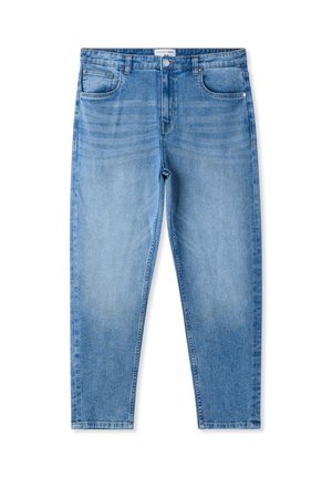 Jeans in denim azzurro chiaro con design a gamba dritta, dotati di cinque tasche e una leggera sbiaditura lungo le cosce per aggiungere texture. Chiusura con bottone in metallo.