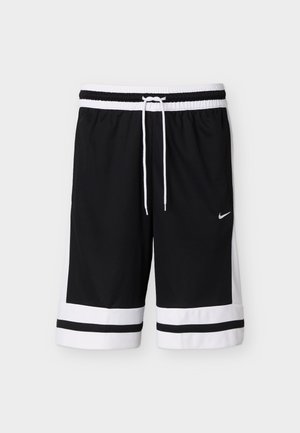 Zwarte basketbalshorts met een witte tailleband, trekkoord, brede witte boorden en zwarte strepen, met een klein wit Nike-logo op het been.