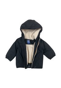 Giacca nera per bambino con cappuccio, davanti aperto che mostra l'interno in morbido pile beige.