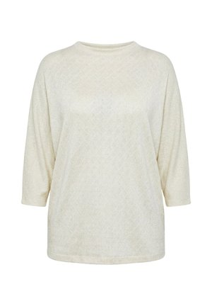 Flødefarvet strikket sweater med et subtilt diamantmønster, med rund halsudskæring og trekvartærme.