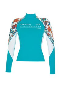 Tirkizna rash guard dugih rukava s rukavima s cvjetnim uzorkom. Ima bijele akcentne i tekstualne detalje sprijeda. Mekani, rastezljivi materijal.