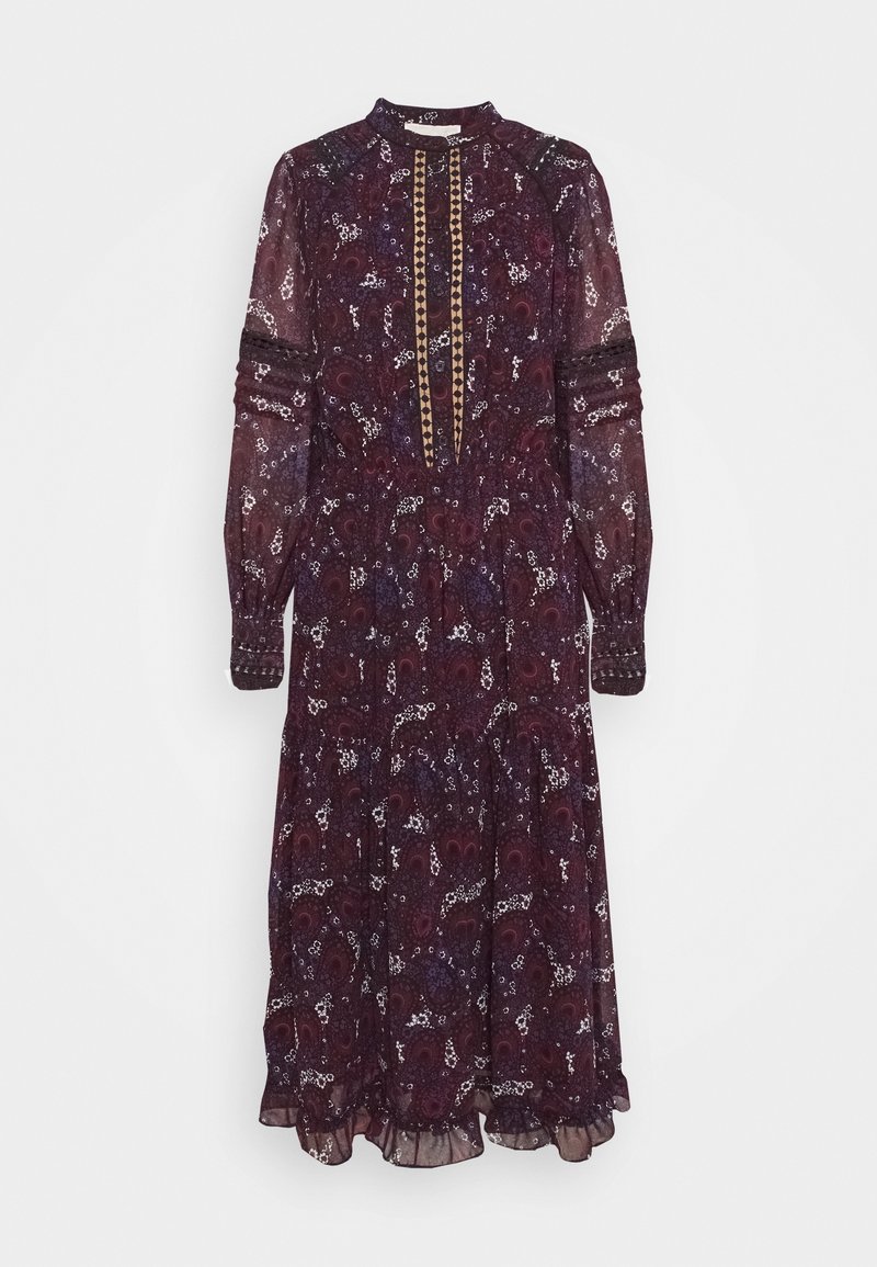 Robe midi à manches longues en violet foncé avec des motifs floraux et cachemire blancs, avec un panneau brodé vertical et une taille froncée.