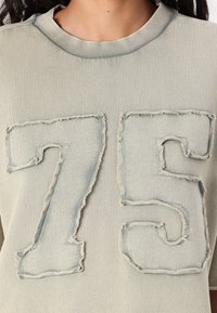 Ljusgrå sweatshirt med ribbad krage. Har en slitna, stor "75" aplique i en ljusare nyans, med fransiga kanter.
