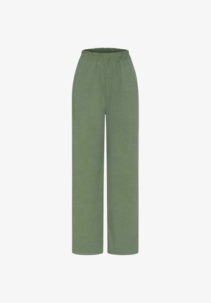 Green loose-fitting trousers with an elastic waistband. Made from textured fabric, featuring wide legs for comfortable movement.