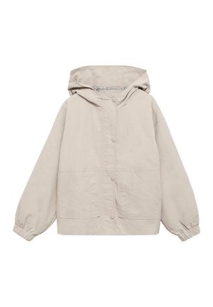 Vaaleanbeige huppari, jossa on edessä painonapit, kaksi etutaskua ja pitkissä hihoissa kuminauhakäärimät.