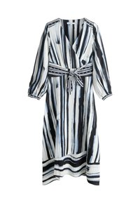 Hosszú, lenge ruha V-nyakkivágással, fekete-fehér ecsetvonás mintával, megkötős derékrésszel és háromnegyedes, fodros ujjakkal.