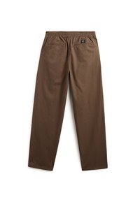 Brown, cotton pants with an elastic waistband, two back pockets, and a straight leg design. Smooth texture and simple stitching details.