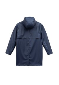 Námornícky vodotesný kabát s kapucňou, dlhými rukávmi a zadným rozparkom. Hladká textúra s jednoduchým dizajnom bez viditeľných kovových doplnkov alebo ozdôb.