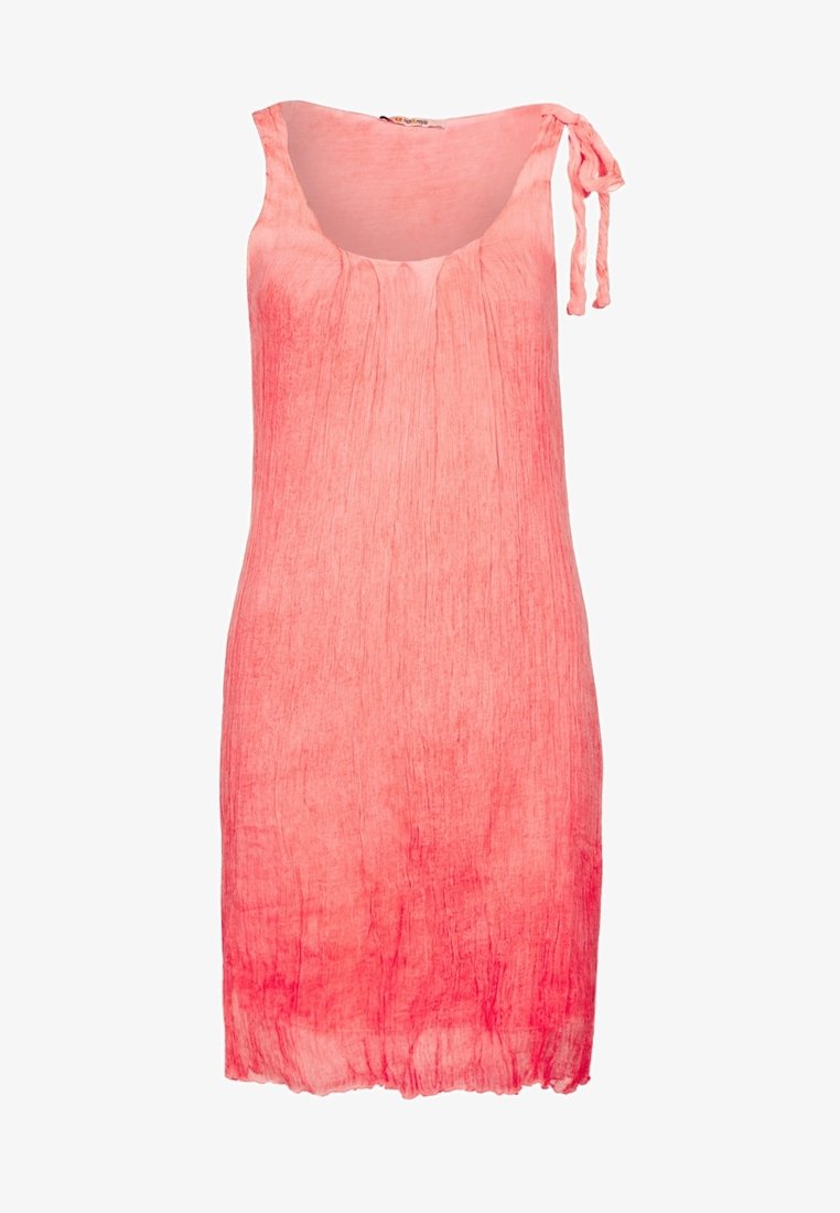 Abito ombre rosa con scollo a barca e spalline regolabili. Tessuto leggero e testurizzato con un design fluido e orlo irregolare.