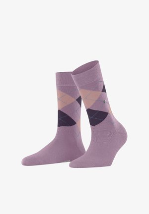 Lila Argyle-Socken mit einem Rautenmuster in Helllila, Dunkellila und Pink, mit blauen Akzenten und einem gerippten Bündchen.