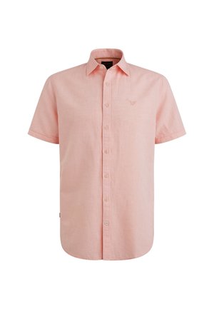 Koszula z krótkim rękawem w jasnoróżowym kolorze, wykonana z lnu. Posiada zapięcie na guziki z przodu, zaokrąglony dół oraz subtelnie wyszyte logo na piersi.