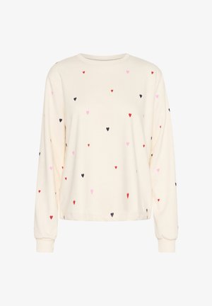 Kremni pulover s dolgimi rokavi, okrašen z raztresenimi srčki v rdeči, roza in črni barvi. Gladek material in zasnova s krožnim izrezom.