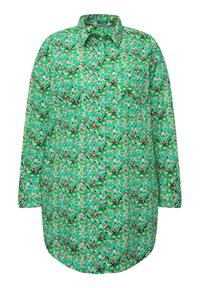 Blusa verde a maniche lunghe con un vivace motivo floreale, colletto, chiusura a bottoni e una vestibilità rilassata, realizzata in tessuto leggero.