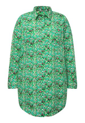 Grøn langærmet bluse med et livligt blomstermønster, flad krave, knaplukning foran og en løs pasform, lavet af letvægtsstof.