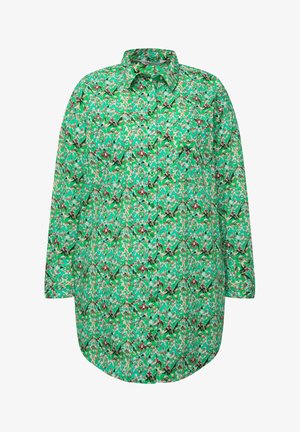 Vihreä pitkähihaisessa puserossa on eläväinen kukkakuosi, kauluskäänne, nappikiinnitys ja rento malli, valmistettu kevyestä kankaasta.