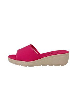 Sandalo rosa aperto davanti, slip-on, con suola beige a zeppa e fondo testurizzato per una migliore aderenza.