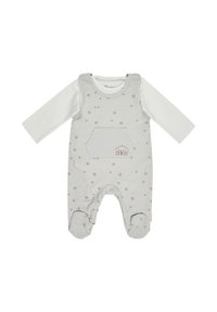 Hellgrauer Baby-Overall mit weißen langen Ärmeln, mit einer Tasche, floralem Muster und einem süßen Hundedesign. Aus weichem Baumwollmaterial.