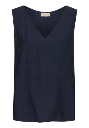 Marinefarbene ärmellose Bluse mit V-Ausschnitt, aus strukturiertem Stoff und lockerer Passform. Etikett mit der Aufschrift "CREAM". Keine sichtbaren Muster oder Hardware.