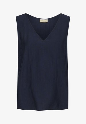 Marinefarbene ärmellose Bluse mit V-Ausschnitt, aus strukturiertem Stoff und lockerer Passform. Etikett mit der Aufschrift "CREAM". Keine sichtbaren Muster oder Hardware.