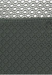Dark green mesh fabric with a hexagonal pattern and textured finish, featuring a solid edge at the bottom. Lightweight and breathable design.