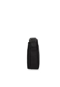 Borsa in tessuto nero di forma rettangolare, con manico superiore, tasca con zip e una texture liscia. Design semplice senza motivi.