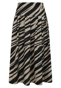 Een beige rok met een zwart zebra-strikpatroon, met een brede tailleband en plooien die de flow en beweging verbeteren.
