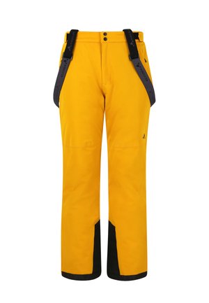 Žluté sněhové kalhoty s černými spodními akcenty, nastavitelnými černými popruhy, bočními kapsami na zip a hladkým, voděodolným materiálem.
