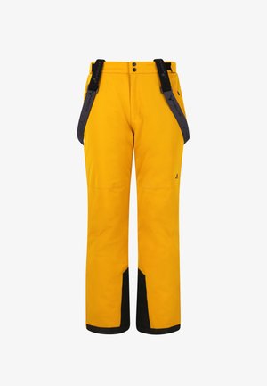 Žluté sněhové kalhoty s černými spodními akcenty, nastavitelnými černými popruhy, bočními kapsami na zip a hladkým, voděodolným materiálem.
