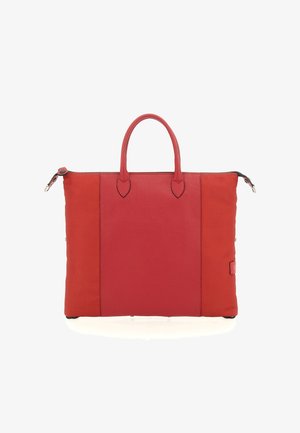 Borsa tote in pelle rossa con due manici superiori, chiusura a zip e pannelli laterali in tessuto rosso a contrasto. Texture liscia con forma rettangolare strutturata.
