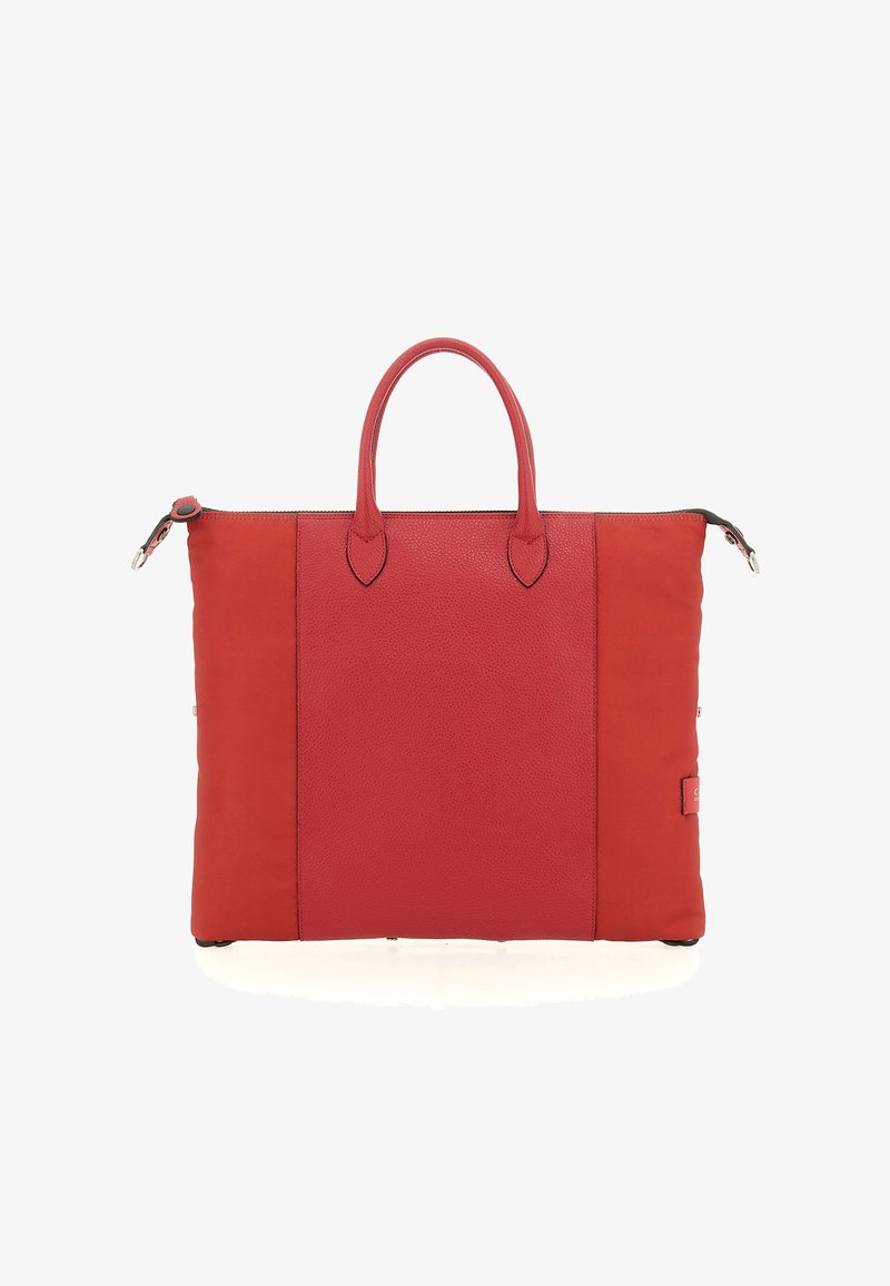 Borsa tote in pelle rossa con due manici superiori, chiusura a zip e pannelli laterali in tessuto rosso a contrasto. Texture liscia con forma rettangolare strutturata.