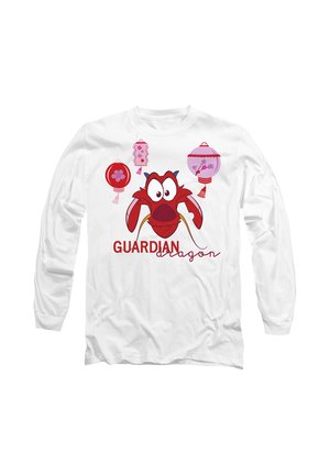 White long-sleeve shirt featuring a red cartoon dragon, text "GUARDIAN", and decorative pink and red lanterns. Soft fabric, relaxed fit.