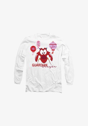 White long-sleeve shirt featuring a red cartoon dragon, text "GUARDIAN", and decorative pink and red lanterns. Soft fabric, relaxed fit.