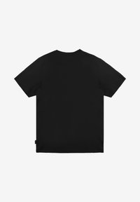 Czarny t-shirt z krótkim rękawem, wykonany z gładkiej bawełny, z okrągłym dekoltem i prostym wykończeniem. Brak widocznych grafik lub logo.