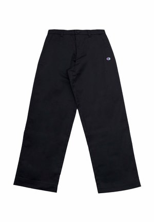 Pantaloni neri con design a gamba dritta, dotati di passanti per cintura, chiusura con bottone e un piccolo logo colorato sulla coscia sinistra. Texture liscia.