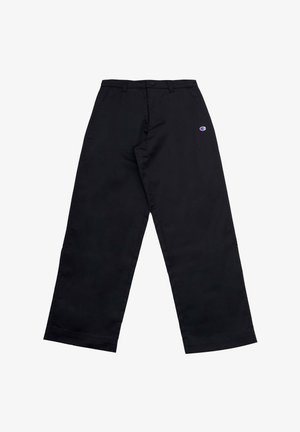 Pantaloni neri a gamba larga in misto cotone, caratterizzati da una chiusura con bottoni e logo ricamato. Texture liscia senza motivi o accenti visibili.