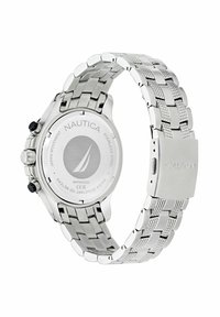 Orologio in acciaio inossidabile argento con bracciale a rete, cassa tonda e pulsanti cronografici neri, dotato di un fondello liscio con incisione del marchio.