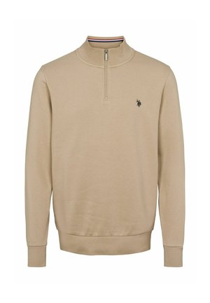 Beige lange mouw pullover met halve rits, geribde kraag en manchetten, en een klein geborduurd logo op de linkerborst.