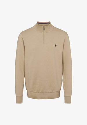 Beež pikkade varrukatega tõmblukkpooliga pullover, millel on soonikkoes krae ja varrukasäär ning väike tikitud logo vasakul rinnal.