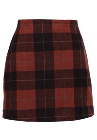 Una mini gonna a quadri rossa e nera realizzata in un tessuto morbido, con vita aderente e silhouette dritta. Linee pulite senza hardware visibile.