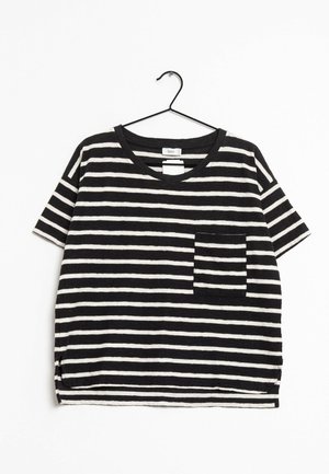 Black and white striped short-sleeved t-shirt with a V-neck and a patch pocket on the left side. Soft fabric with a relaxed fit.