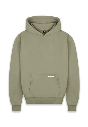 Hooded sweatshirt in olive green, featuring long sleeves, a front kangaroo pocket, ribbed cuffs, and a small label on the pocket.