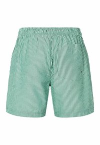 Zöld-fehér csíkos úszónadrág rugalmas derékpánttal és hátsó zsebbel. Könnyű, sima tapintású anyag.