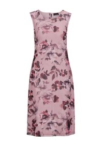 Blumenkleid mit rosa Hintergrund, das wasserfarbenähnliche Blüten in tiefem Burgunderrot und Grau zeigt. Ärmelloses Design mit einem Schlüssellochdetail im Rücken.