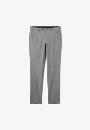 Grijze op maat gemaakte broek van lichtgewicht stof, met een gladde textuur, voorzakken en een knoopsluiting aan de tailleband.