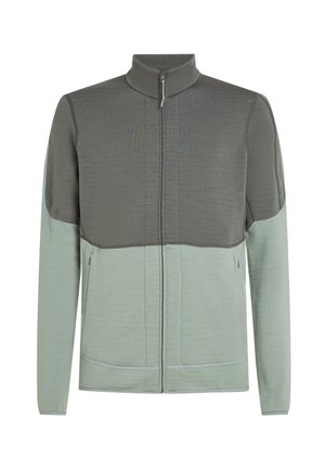 Zipped jacket with a high collar, featuring a two-tone design in dark gray and pale green. Made of textured fabric with side pockets.